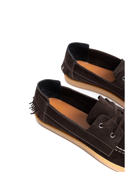 Erkek Hakiki Deri Acı Kahve Bağcıklı Püskül Detaylı Kauçuk Taban Günlük Ayakkabı