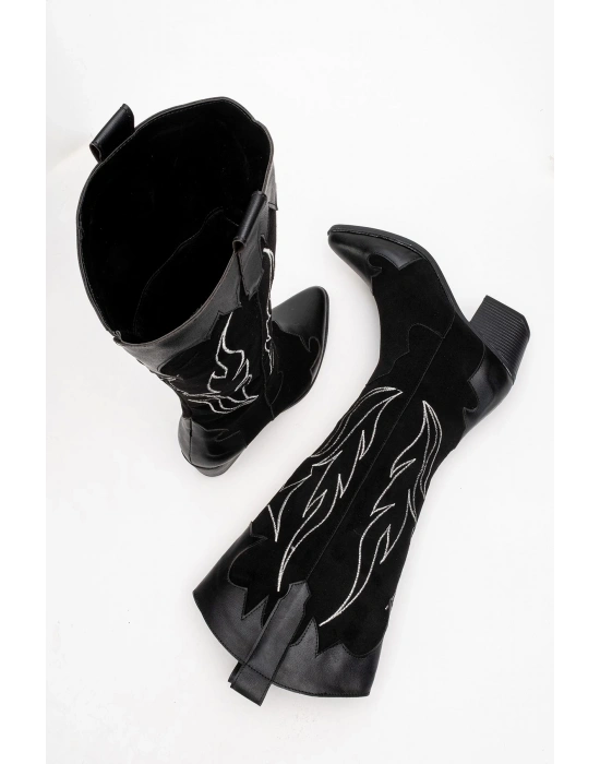 Valeria Kadın Siyah Nakışlı Kovboy Western Dallas Çizme