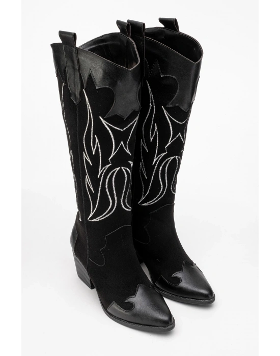 Valeria Kadın Siyah Nakışlı Kovboy Western Dallas Çizme