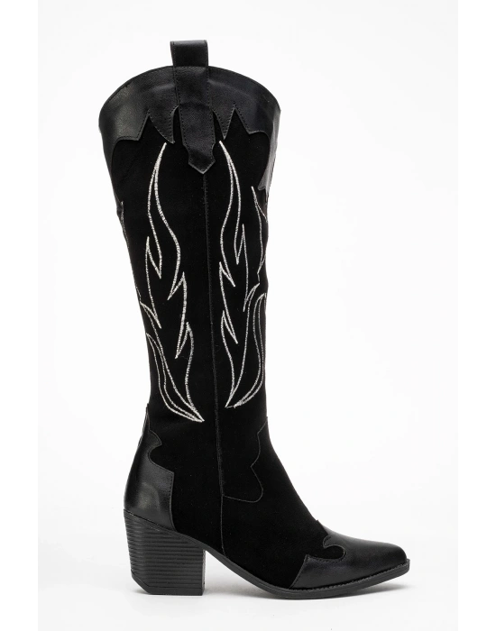 Valeria Kadın Siyah Nakışlı Kovboy Western Dallas Çizme
