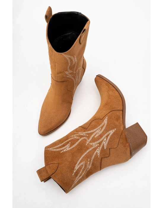 Carla Kadın Taba Süet Nakışlı Dallas Western Kovboy Bot