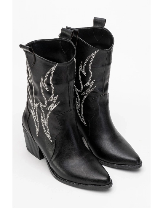 Carla Kadın Siyah Cilt Nakışlı Dallas Western Kovboy Bot