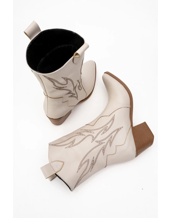 Carla Kadın Bej Cilt Nakışlı Dallas Western Kovboy Bot