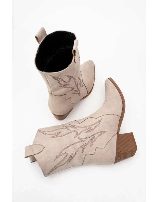 Carla Kadın Bej Süet Nakışlı Dallas Western Kovboy Bot