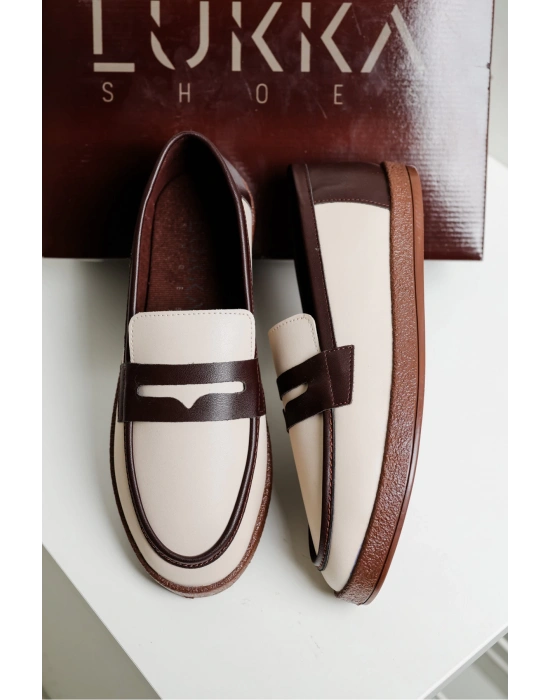 Livya Erkek Bej Garnili Suni Deri Loafer Ayakkabı