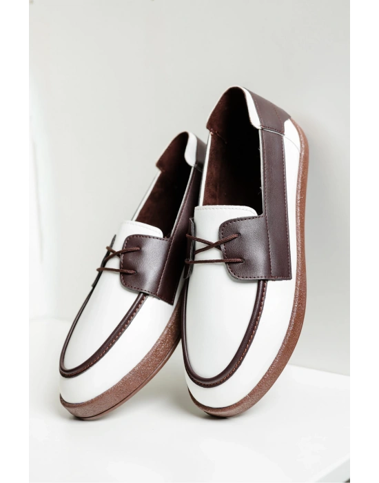 Rosa Erkek Suni Beyaz Garnili Deri Bağcıklı Loafer Günlük Casual Ayakkabı