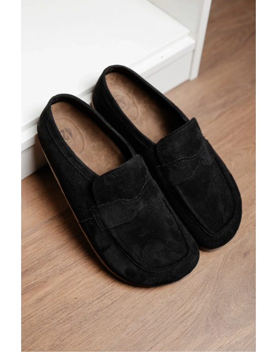 London Erkek Siyah Süet Loafer Sabo Terlik Ayakkabı