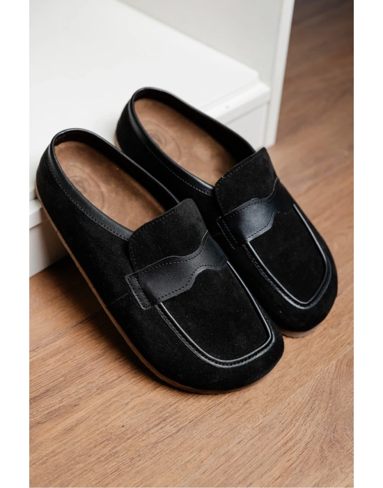 London Erkek Siyah Süet Garnili Sabo Loafer Terlik Ayakkabı