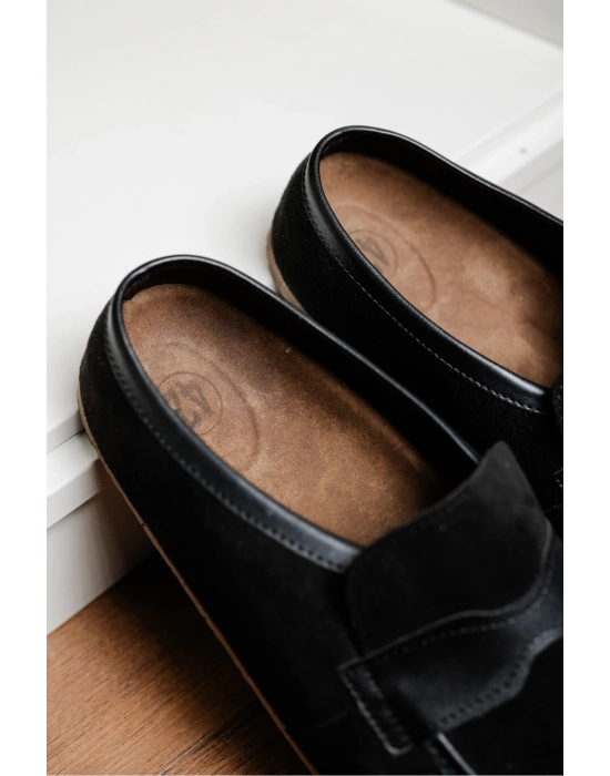 London Erkek Siyah Süet Garnili Sabo Loafer Terlik Ayakkabı