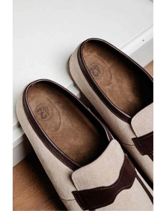 London Erkek Bej Süet Garnili Sabo Loafer Terlik Ayakkabı