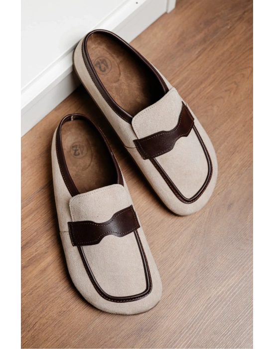 London Erkek Bej Süet Garnili Sabo Loafer Terlik Ayakkabı