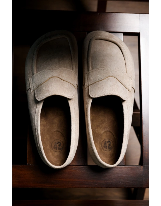 London Erkek Bej Süet Loafer Sabo Loafer Terlik Ayakkabı