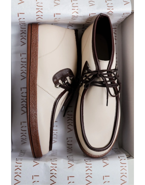 Amy Erkek Bej Suni Deri Garnili Bağcıklı Golf Ayakkabı Bot