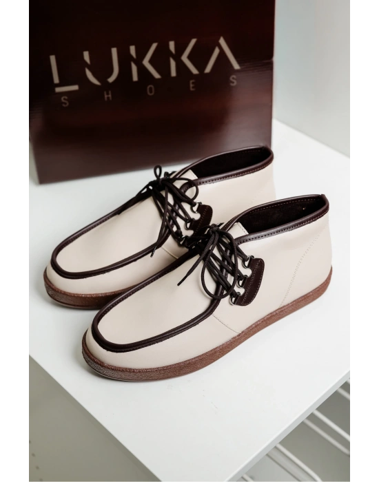 Amy Erkek Bej Suni Deri Garnili Bağcıklı Golf Ayakkabı Bot