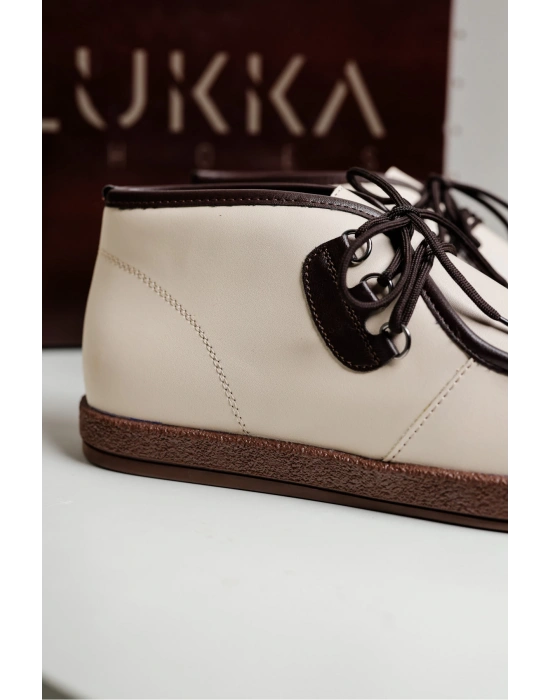 Amy Erkek Bej Suni Deri Garnili Bağcıklı Golf Ayakkabı Bot