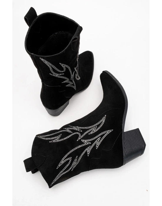 Carla Kadın Siyah Süet Nakışlı Dallas Western Kovboy Bot