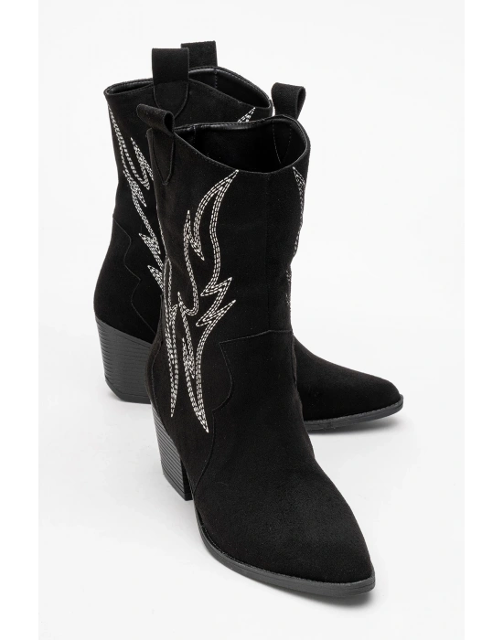Carla Kadın Siyah Süet Nakışlı Dallas Western Kovboy Bot