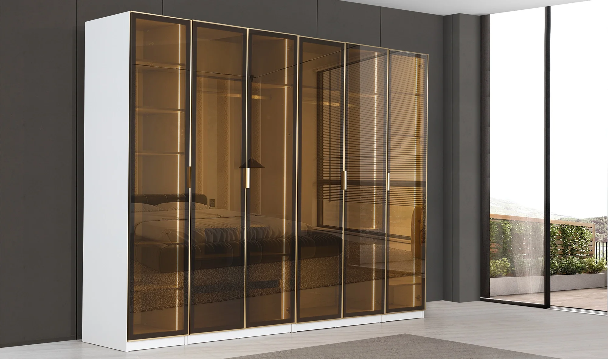 6 Kapaklı Ledli Reflekte Camlı Gardrop