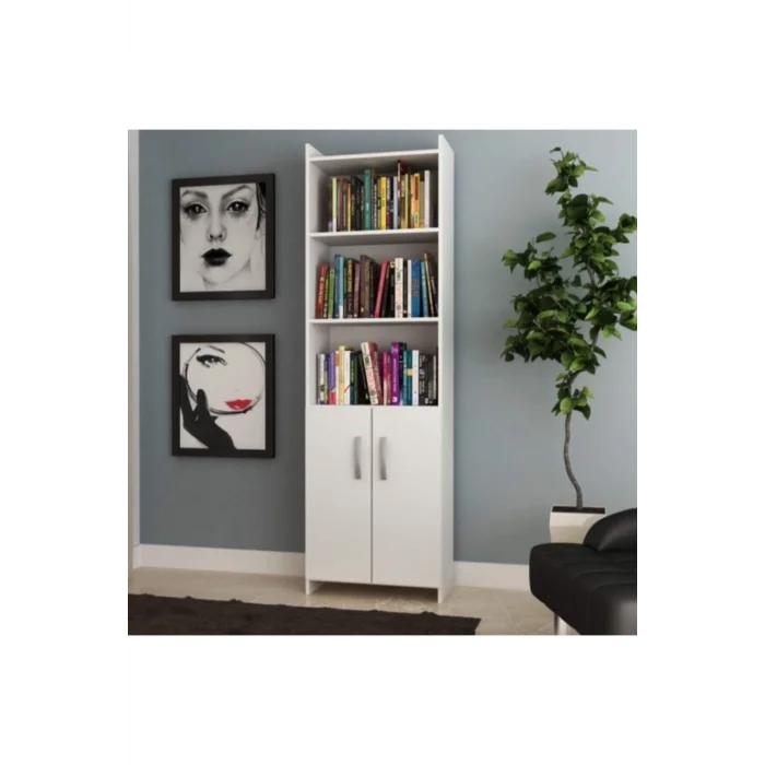 Mdf 5 Raflı Kapaklı Kitaplık Beyaz