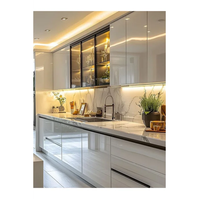 Cam Kapaklı ,Ledli Hazır Mutfak Dolabı Özel Ölçülerde Üretim