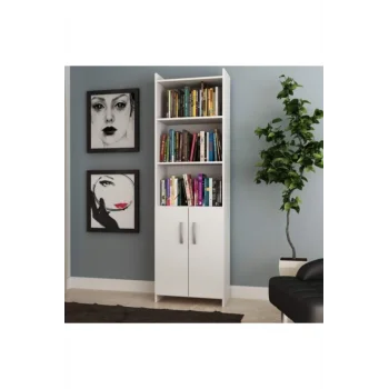 Mdf 5 Raflı Kapaklı Kitaplık Beyaz