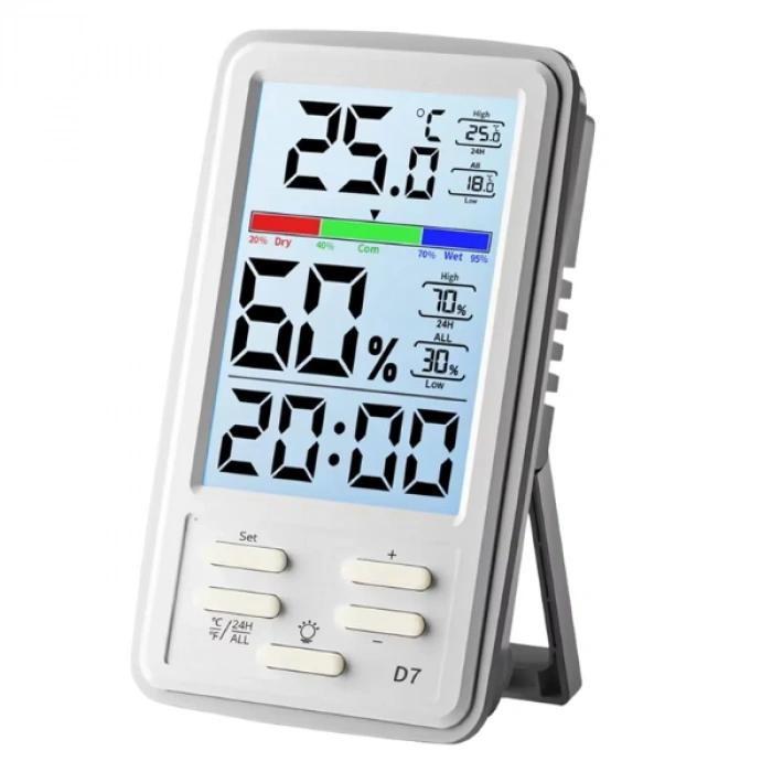 Loyka D7 Sıcaklık ve Nem Ölçer | Saat Göstergesi | Arka Işıklı Ekran