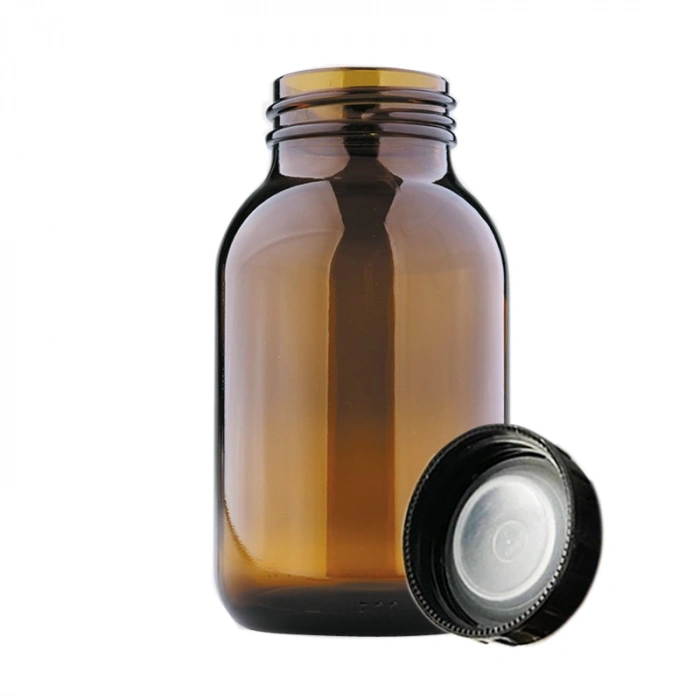 Çözelti Şişesi, Cam, Şilif Cam Kapaklı, Geniş Boyunlu, Amber, Yuvarlak, 250 ml