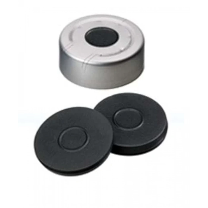 Kapak 20mm+Septa: Alüminyum Headspace, Şeffaf Lake, Orta Delikli, Kalıplı Septa, Koyu Gri, 55° Shore A, 3.0mm 100 Adet