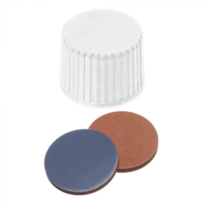 Kapak 20mm, Vidalı, Şeffaf, Üst Kapalı, 20-400 Thread, Septa, Butyl Kırmızı/Ptfe Gri, 60° Shore A, 1,3mm 100 Adet