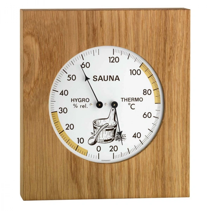 Meşe çerçeveli analog sauna termo-higrometre