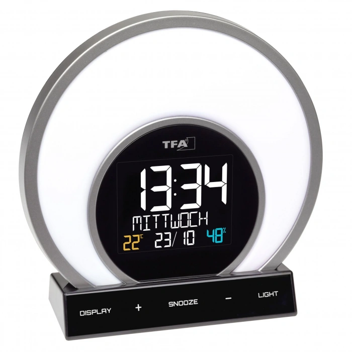 Renk değiştiren ruh hali ışığı ve oda iklimi ile ışıklı çalar saat SOLUNA