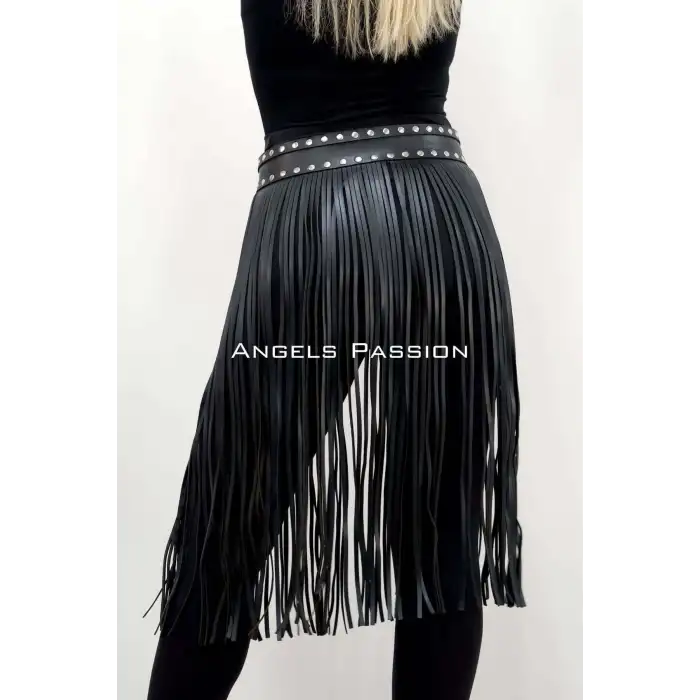 5 mm Püsküllü Şık Deri Etek, Diz Altı Püsküllü Etek - APFT1398