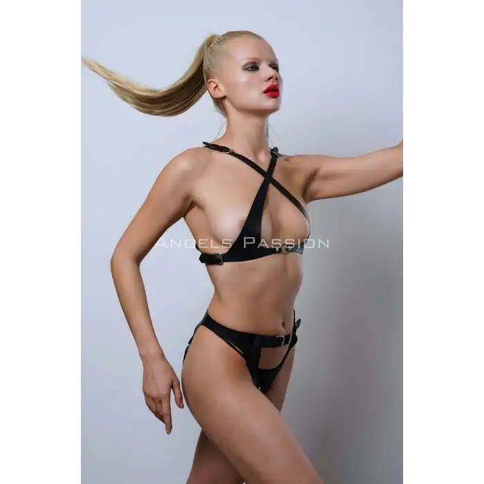 Ağı Açık Deri Külot Fantezi Giyim, Şık Deri İç Giyim Takım - APFT1130