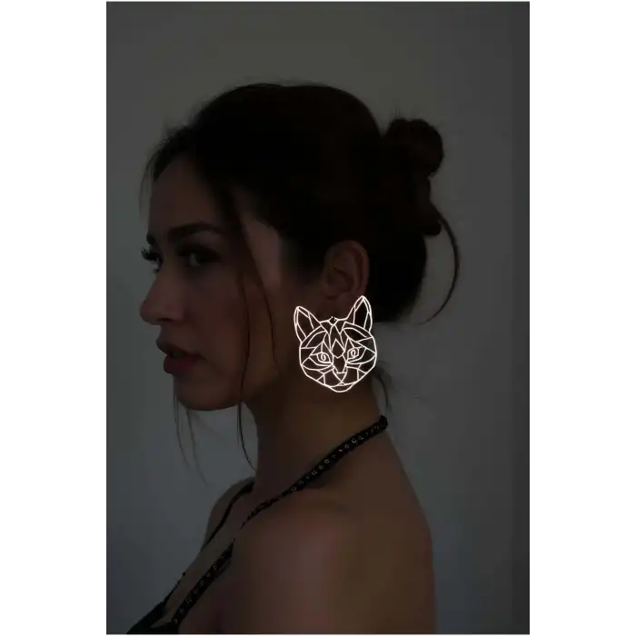 Beyaz Reflektörlü Soyut Kedi Yüzü Küpe, Şık Lazer Kesim Küpe - APBJ017