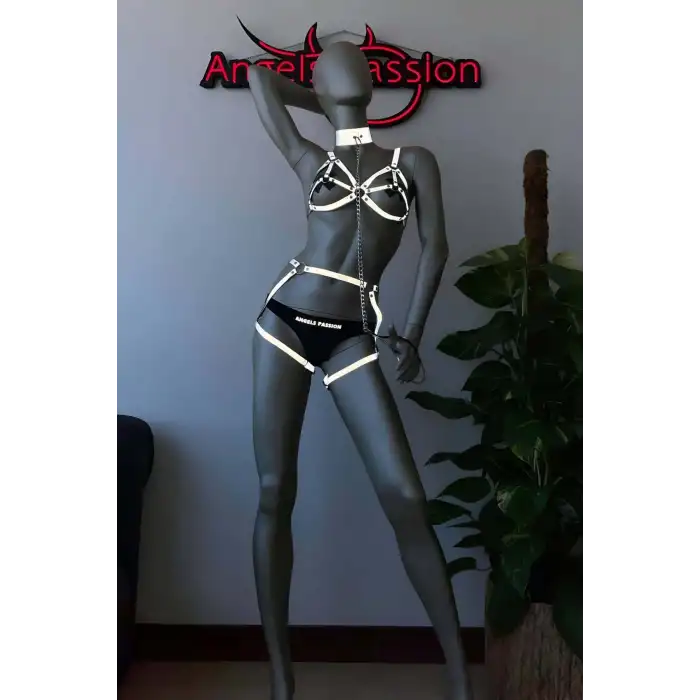 Beyaz Reflektörlü Tasmalı Seksi Harness Takım - APFT311