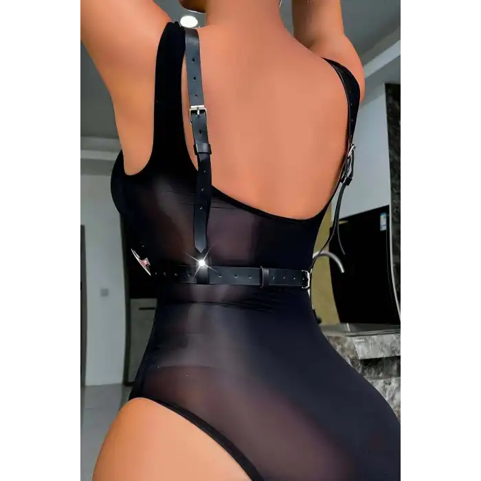 Boyun Detaylı Siyah Deri Harness - APFT409