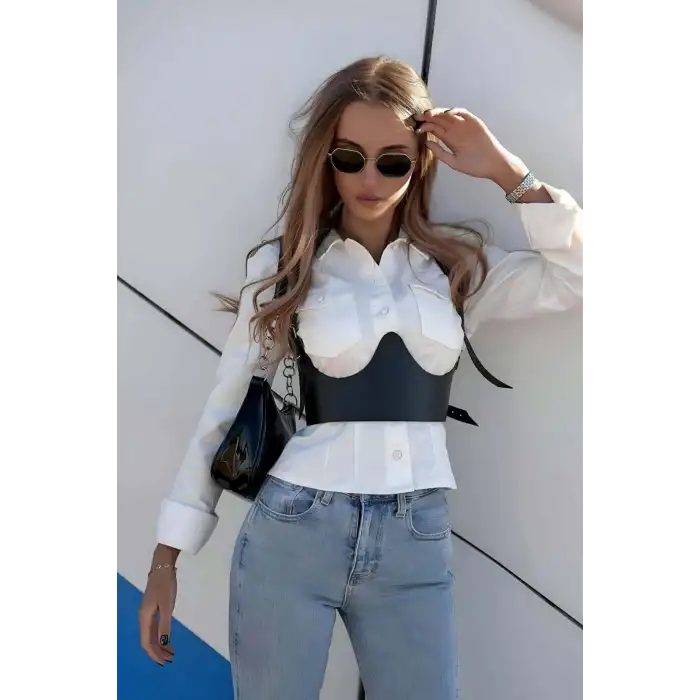 Boyundan Ayarlanabilir Göğüs Detaylı Askılı Deri Korse Bel Kemeri - APFT614