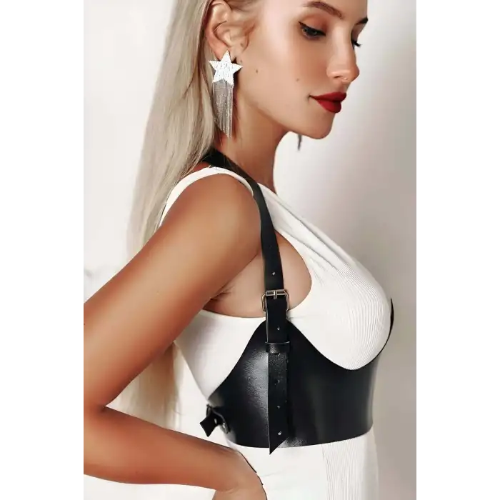 Boyundan Ayarlanabilir Göğüs Detaylı Askılı Deri Korse Bel Kemeri - APFT614