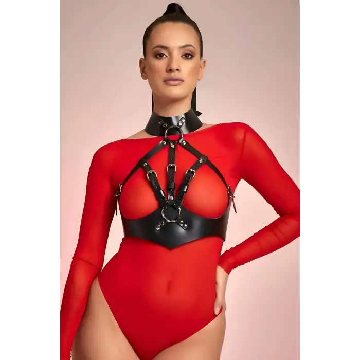 Boyundan Bağlamalı Göğsü Açık Deri Fantazi Sütyen Harness - APFT1286