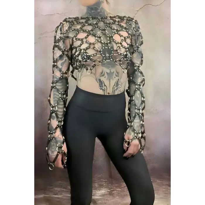 Çapraz Tasarım Uzun Kollu Deri Crop Bağlamalı Büstiyer Harness- APFT1076