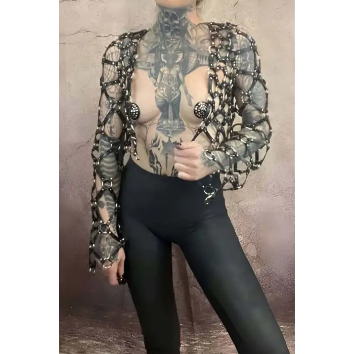 Çapraz Tasarım Uzun Kollu Deri Crop Bağlamalı Büstiyer Harness- APFT1076