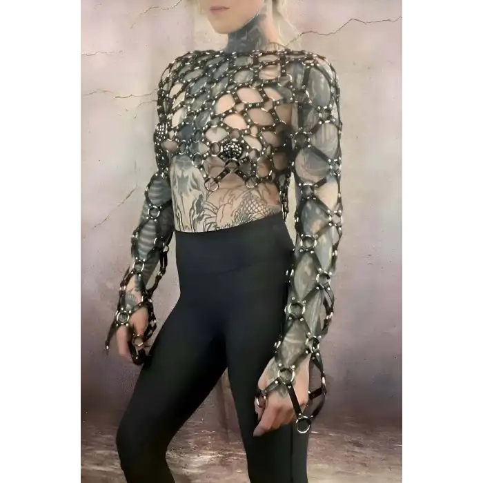 Çapraz Tasarım Uzun Kollu Deri Crop Bağlamalı Büstiyer Harness- APFT1076