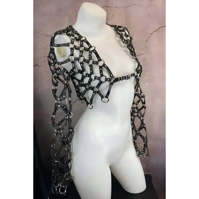 Çapraz Tasarım Uzun Kollu Deri Crop Bağlamalı Büstiyer Harness- APFT1076