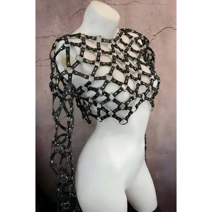 Çapraz Tasarım Uzun Kollu Deri Crop Bağlamalı Büstiyer Harness- APFT1076