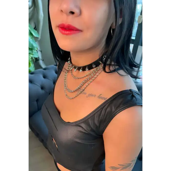 Çivi ve Zincir Detaylı Şık Anne - Kedi Choker Set - APFT1042