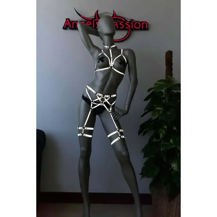 Club Elbiseleri Seksi Karanlıkta Parlayan Reflektörlü Harness Takım - APFT444