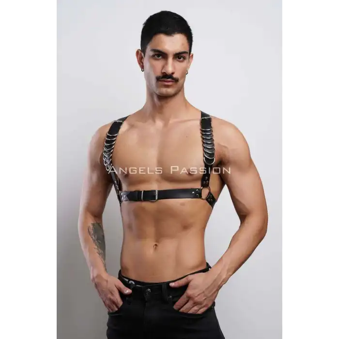 D Halka Detaylı Şık Erkek Göğüs Harness, Erkek Deri T-Shirt Aksesuar - APFTM92