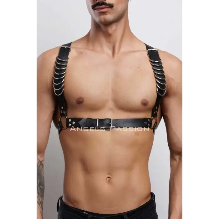 D Halka Detaylı Şık Erkek Göğüs Harness, Erkek Deri T-Shirt Aksesuar - APFTM92