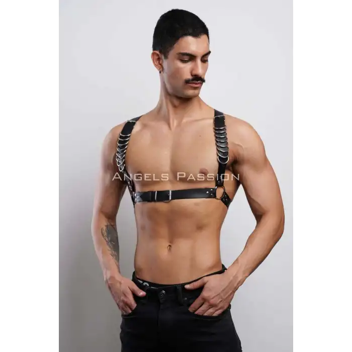 D Halka Detaylı Şık Erkek Göğüs Harness, Erkek Deri T-Shirt Aksesuar - APFTM92