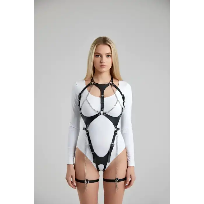 Deri Body Harness, Zincir ve Kelepçeli Fantezi İç Giyim - APFT1098